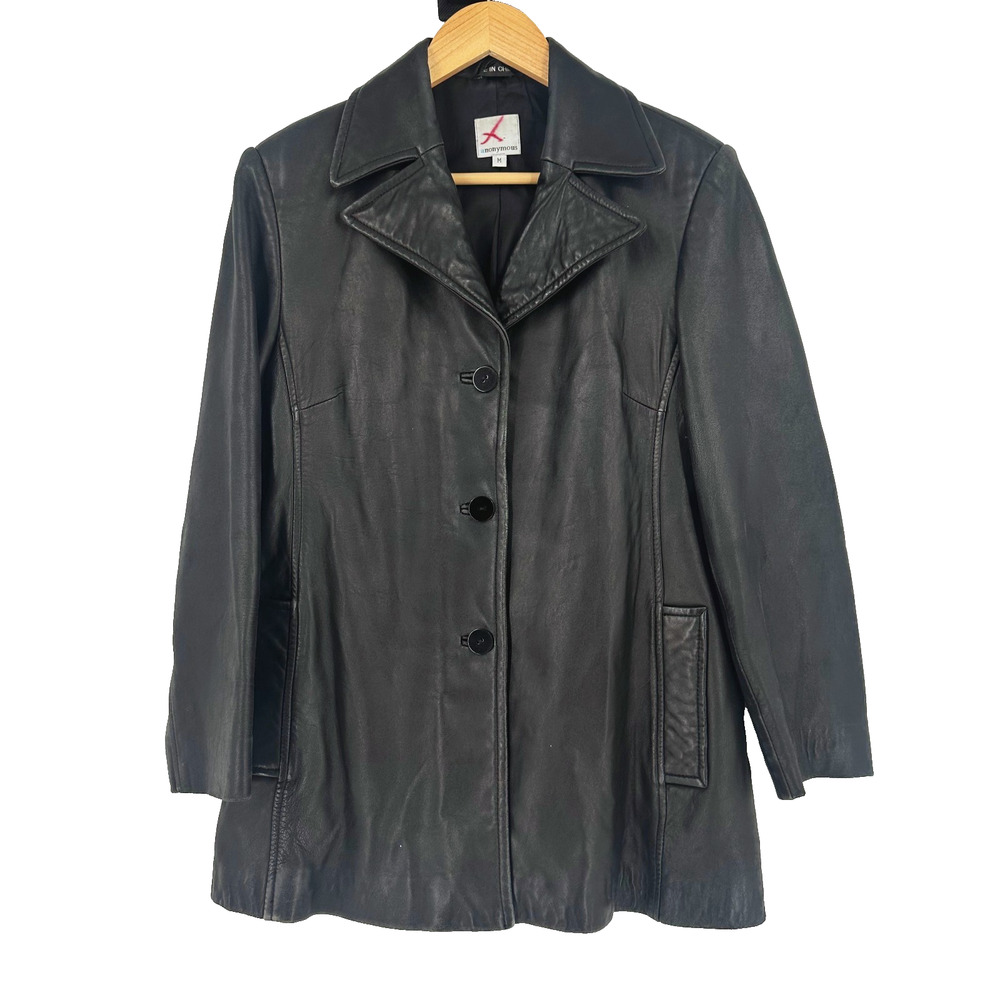 VTG Anonymous Black Leather Jacket Medium Grunge 90s Y2K Minimalist Indie Sleaze